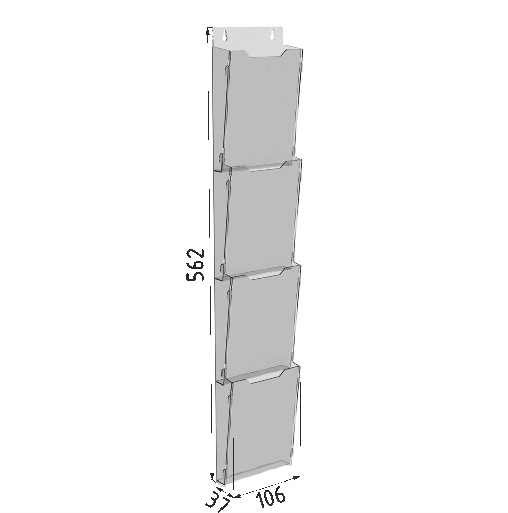 Booklet holder for booklets 106x562 4-tier, Brochure display 7 tier, Clear booklet display, Transparent brochure display, Acrylic brochure holder, PET clear brochure holder