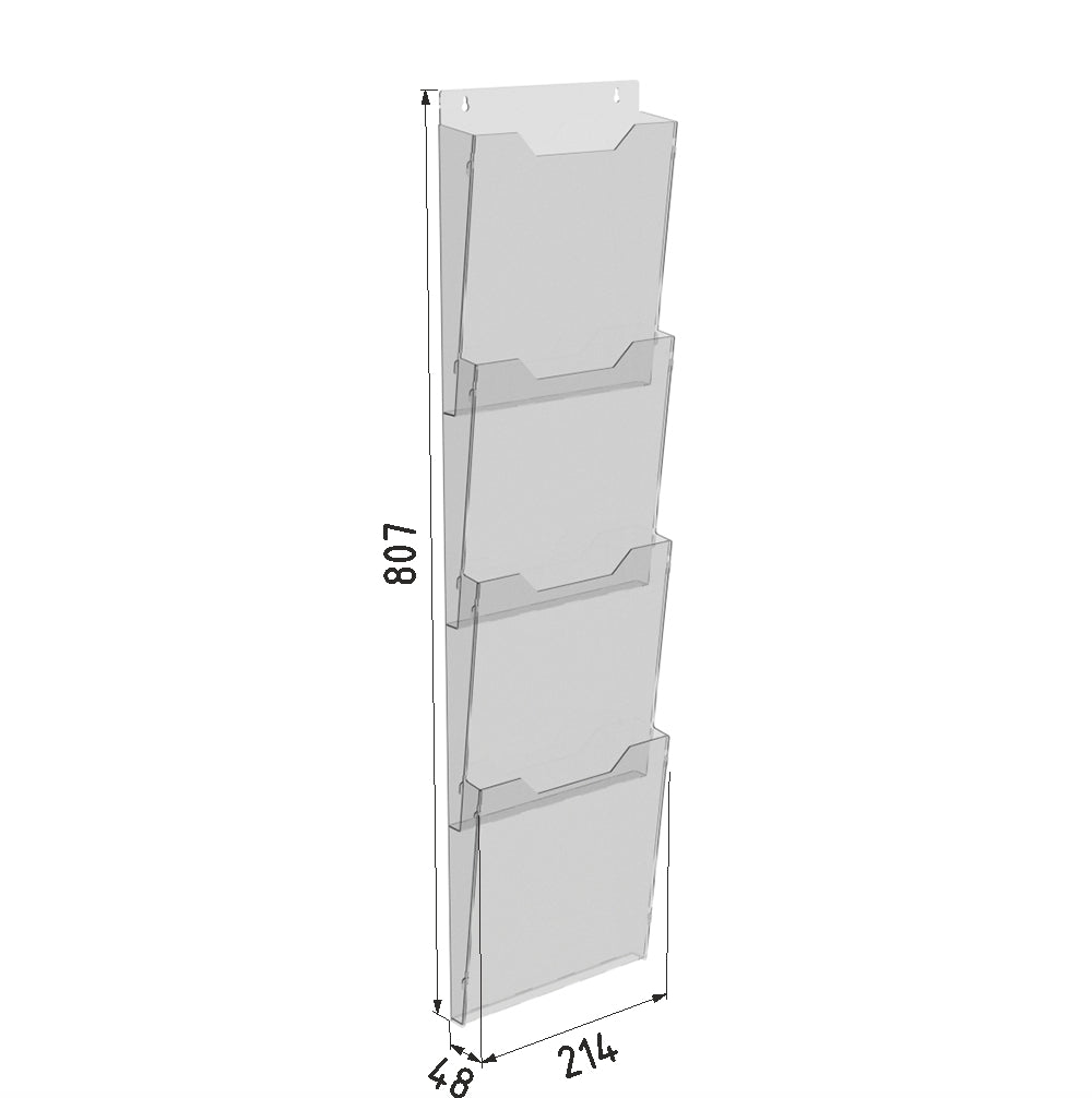 Booklet holder A4 214x807x48mm 4 tier, Brochure desplay, Acrylic brochure display, Transparent brochure display, Clear display for magazines