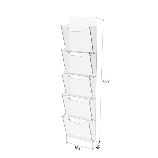 Portafolletos A5 662x163x80mm, Expositor de documentos, Portapapeles vertical de 5 niveles