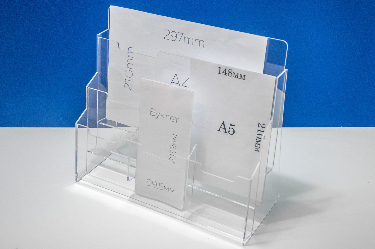 Set 2 pieces, Booklet holder, Multi Paper holder format A6 A5 A4 , 217x75x300mm, Acrylic Stand, Acrylic Display, Advertising Stand, Exhibition Equipment, Information Stand, Acrylic Brochure Holder