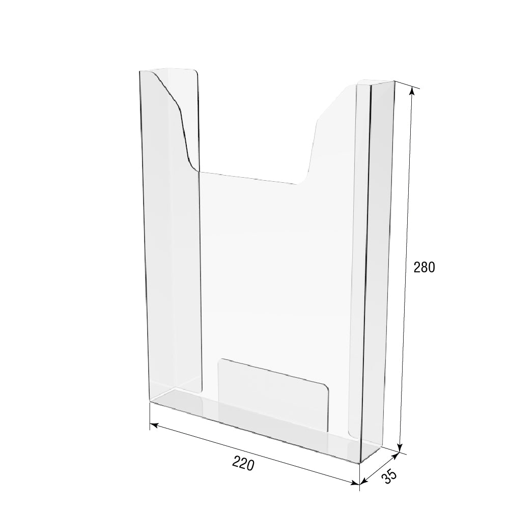 Portapapeles acrílico formato A4 vertical 210x297x30mm, portadocumentos de pared, fijación autorroscante, expositor de folletos.