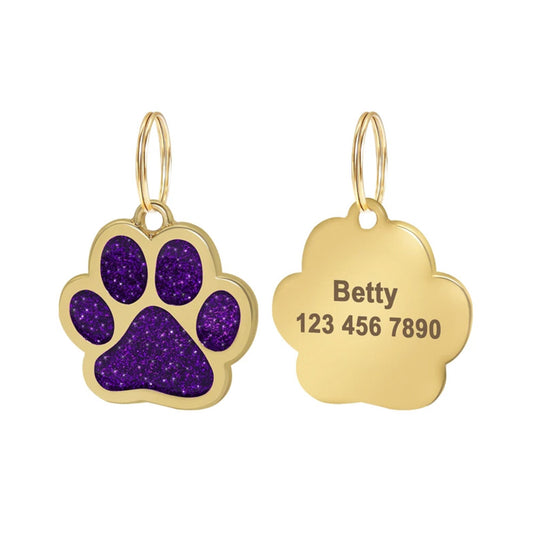 Cat ID Tag Gold Paw Purple 30x29 mm