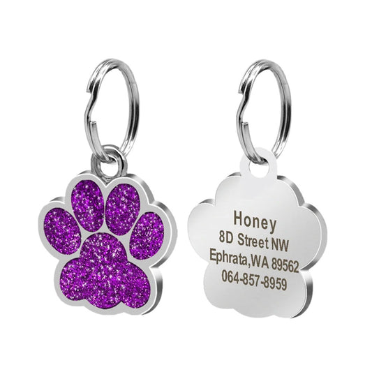 Cat ID Tag Silver Paw Purple 25x27 mm