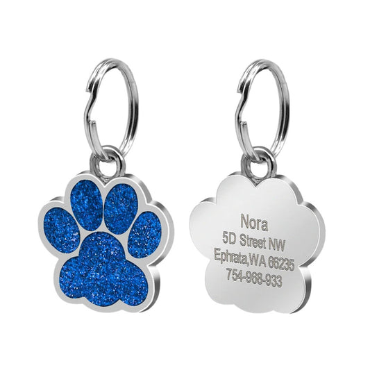 Cat ID Tag Silver Paw Blue 25x27 mm