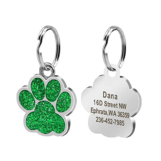 Cat ID Tag Silver Paw Green 25x27 mm