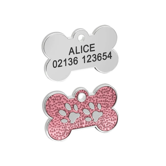 Dog ID Tag Bone Paws Rose 31x19mm