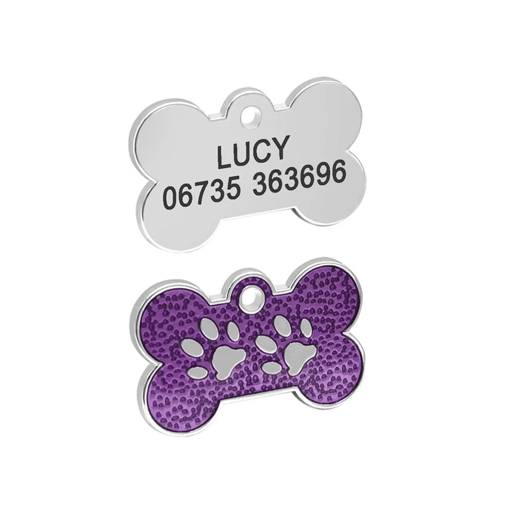 Dog ID Tag Bone Paws Purple 31x19mm