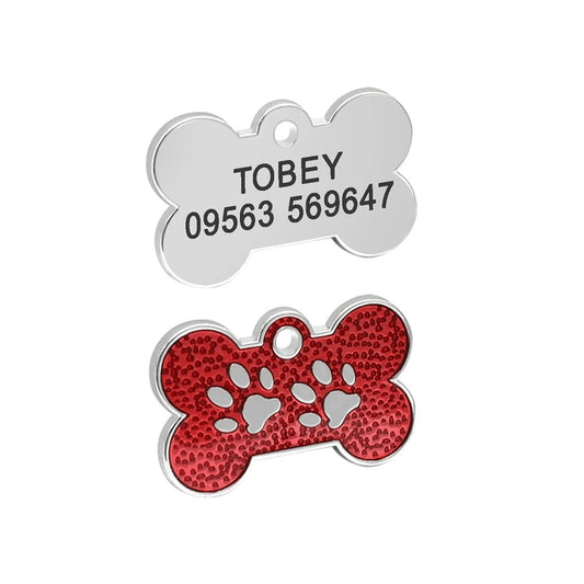 Dog ID Tag Bone Paws Red 31x19mm