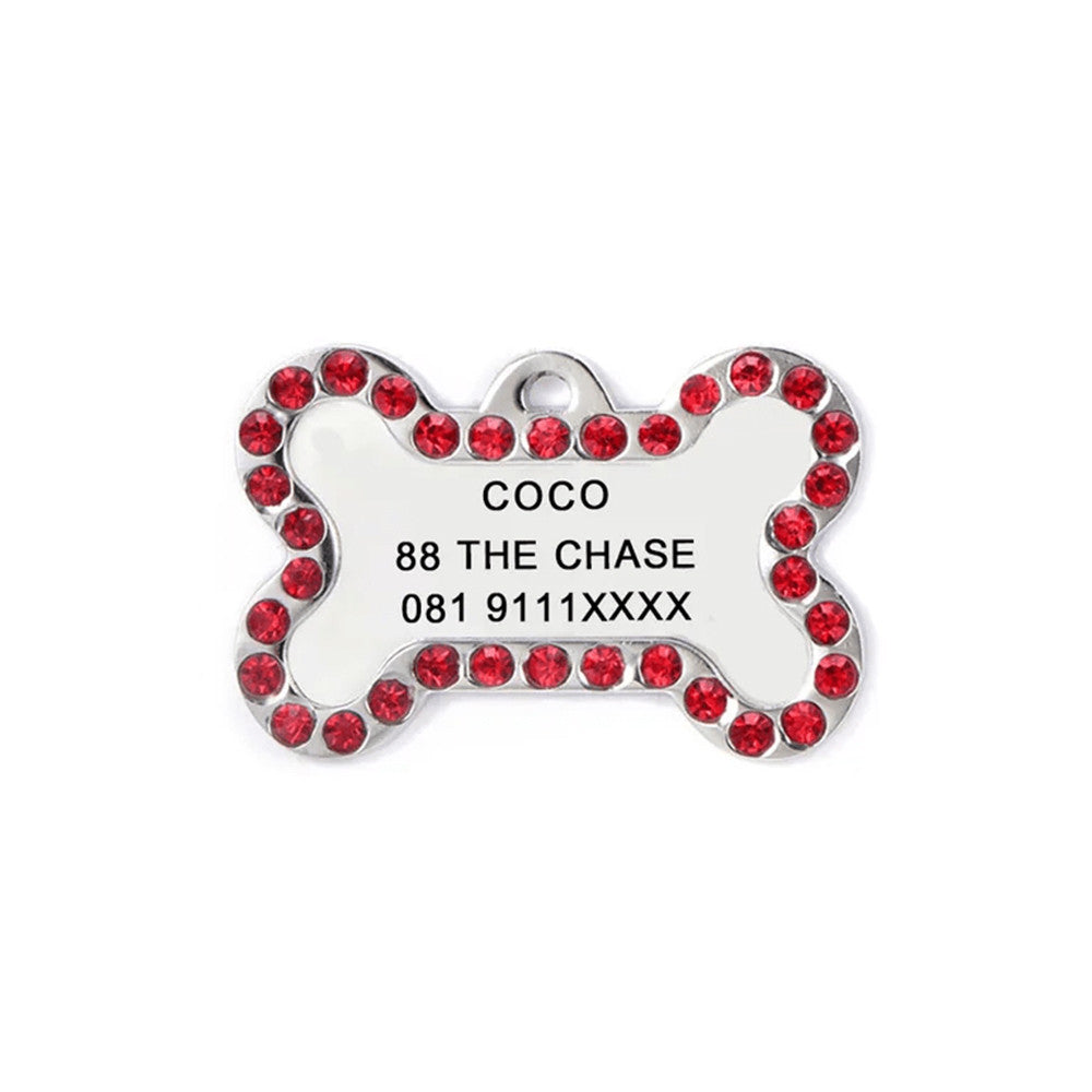 Dog ID Tag Bone Diamond Red 40x25mm