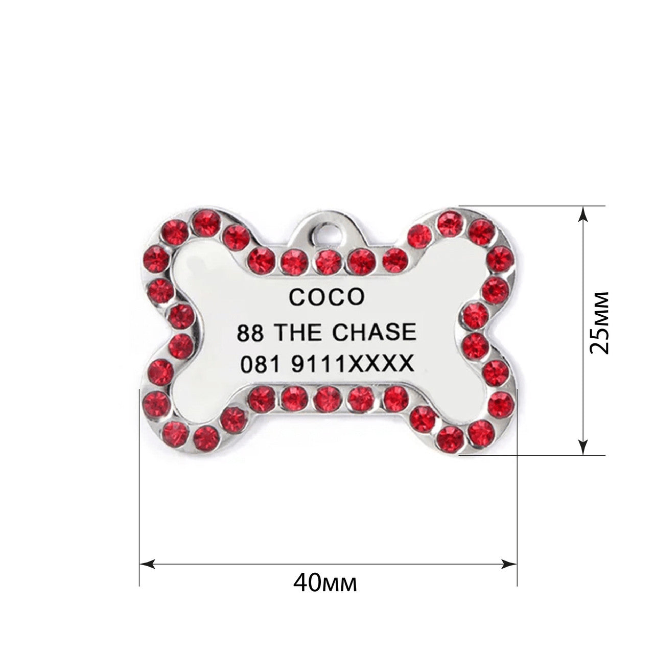 Dog ID Tag Bone Diamond Red 40x25mm