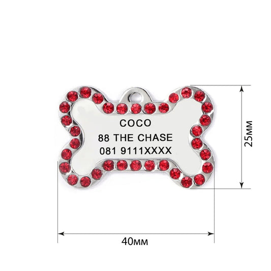 Dog ID Tag Bone Diamond Red 40x25mm