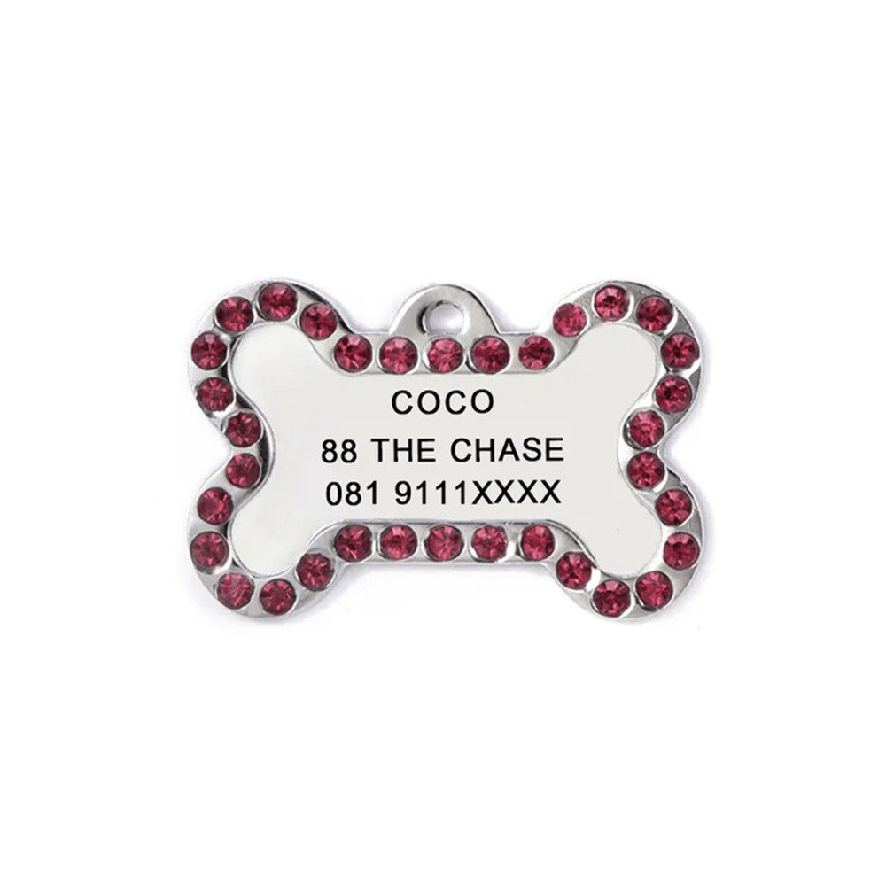 Dog ID Tag Bone Diamond Crimson 40x25mm