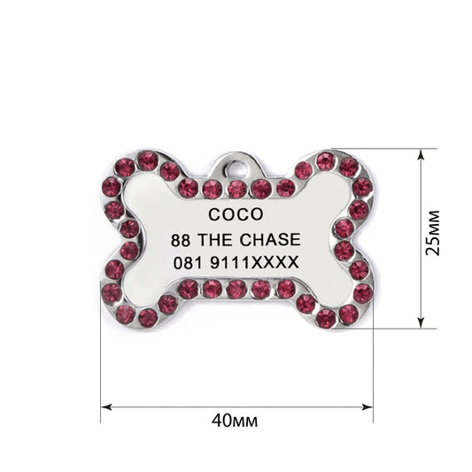 Dog ID Tag Bone Diamond Crimson 40x25mm
