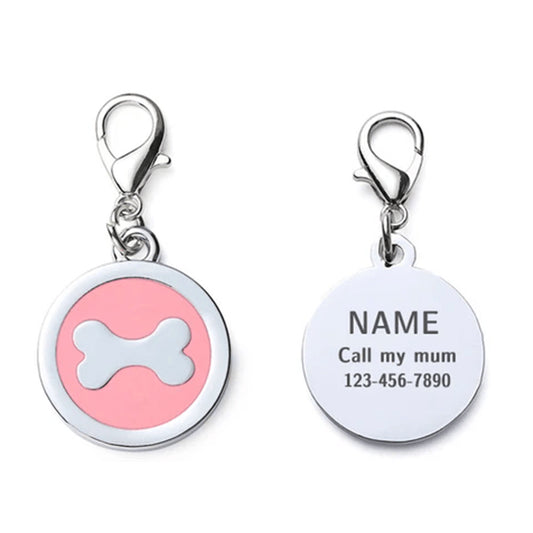 Placa de identificación para perro con forma de círculo y hueso en color rosa de 25 x 25 mm