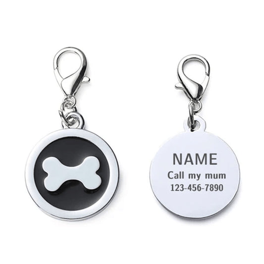 Dog ID Tag Circle Bone Black 25x25mm