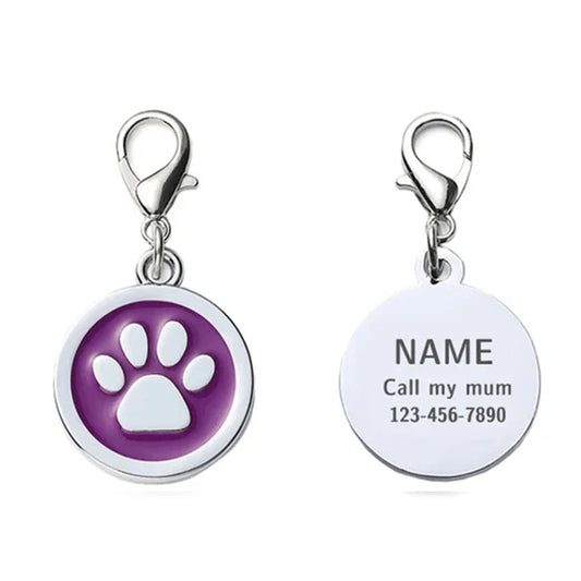 Placa de identificación para perro con forma de círculo, color morado, 25 x 25 mm