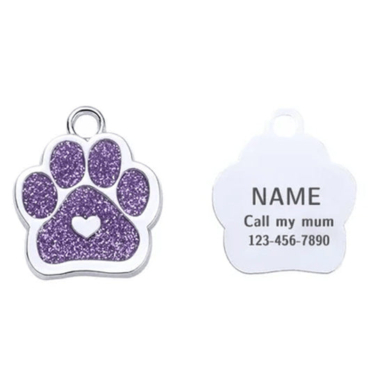 Cat ID Tag Paw Heart Purple 27x27mm