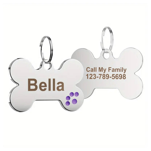 Dog ID Tag Bone Paw Purple 38x25mm
