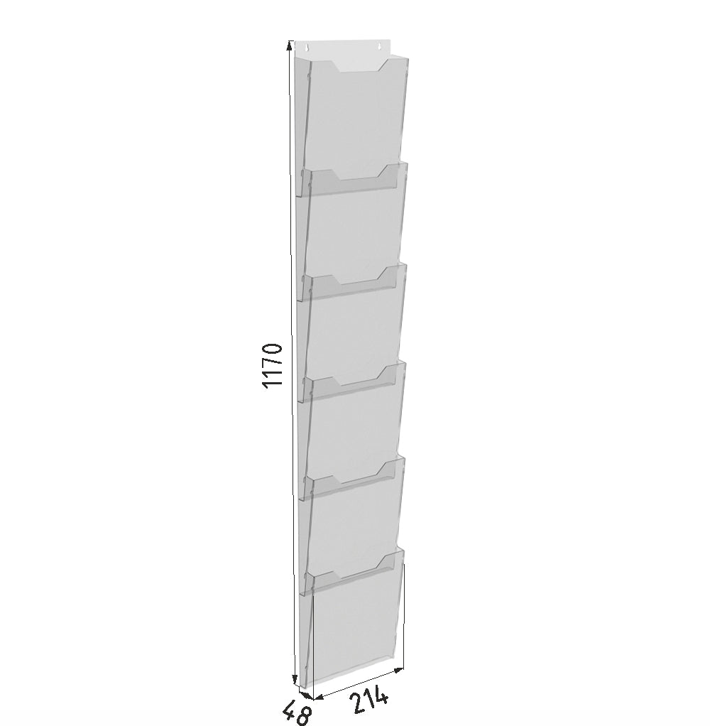 Booklet holder A4  214x1170mm  6 tier, Brochure desplay wall mounted