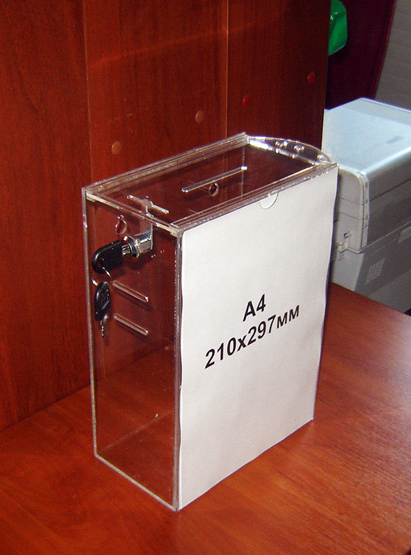 Donation box 215x120x300 with belt slots and A4 pocket