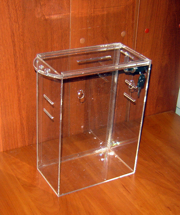 Donation box 215x120x300 with belt slots and A4 pocket
