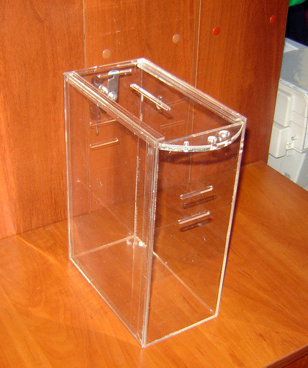 Donation box 215x120x300 with belt slots and A4 pocket