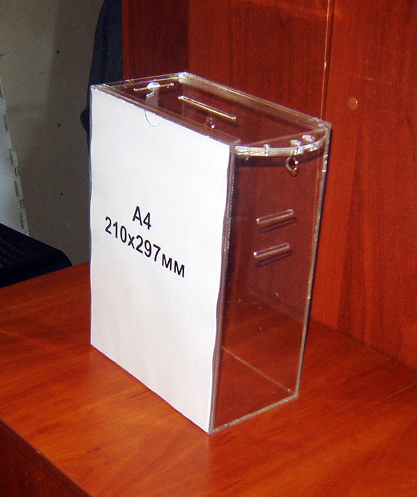 Donation box 215x120x300 with belt slots and A4 pocket