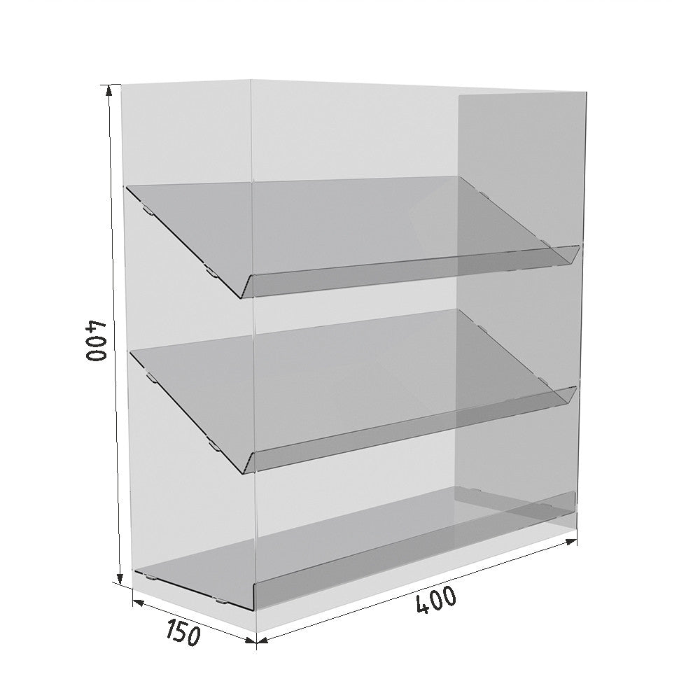 display stand for candy bars, tabletop, 3 shelves, 400x400x150